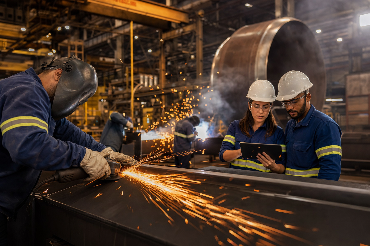 Metalúrgica com caldeiraria, soldagem, fumaça industrial controlada e operação pesada