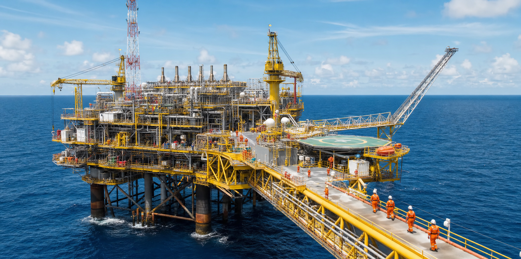 Plataforma de petróleo completa com profissionais em uniformes offshore laranja