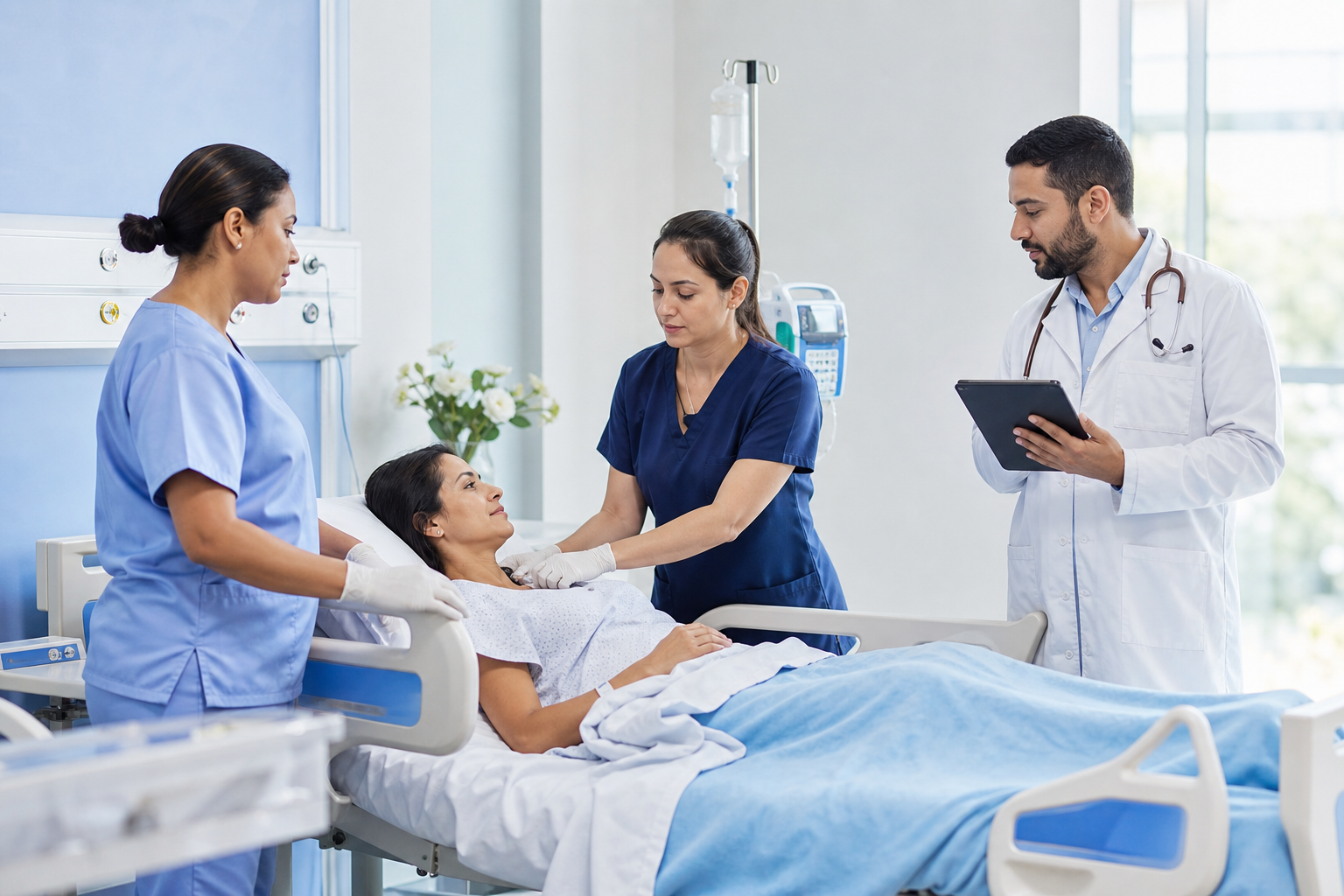 Profissionais de saúde atuando em ambiente hospitalar moderno