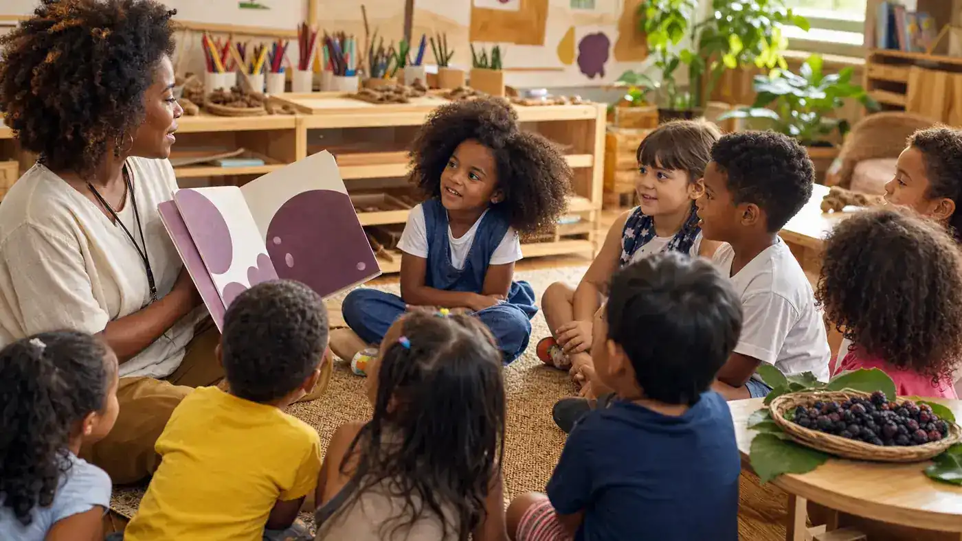Professora negra realiza mediação de leitura antirracista com crianças diversas na Educação Infantil
