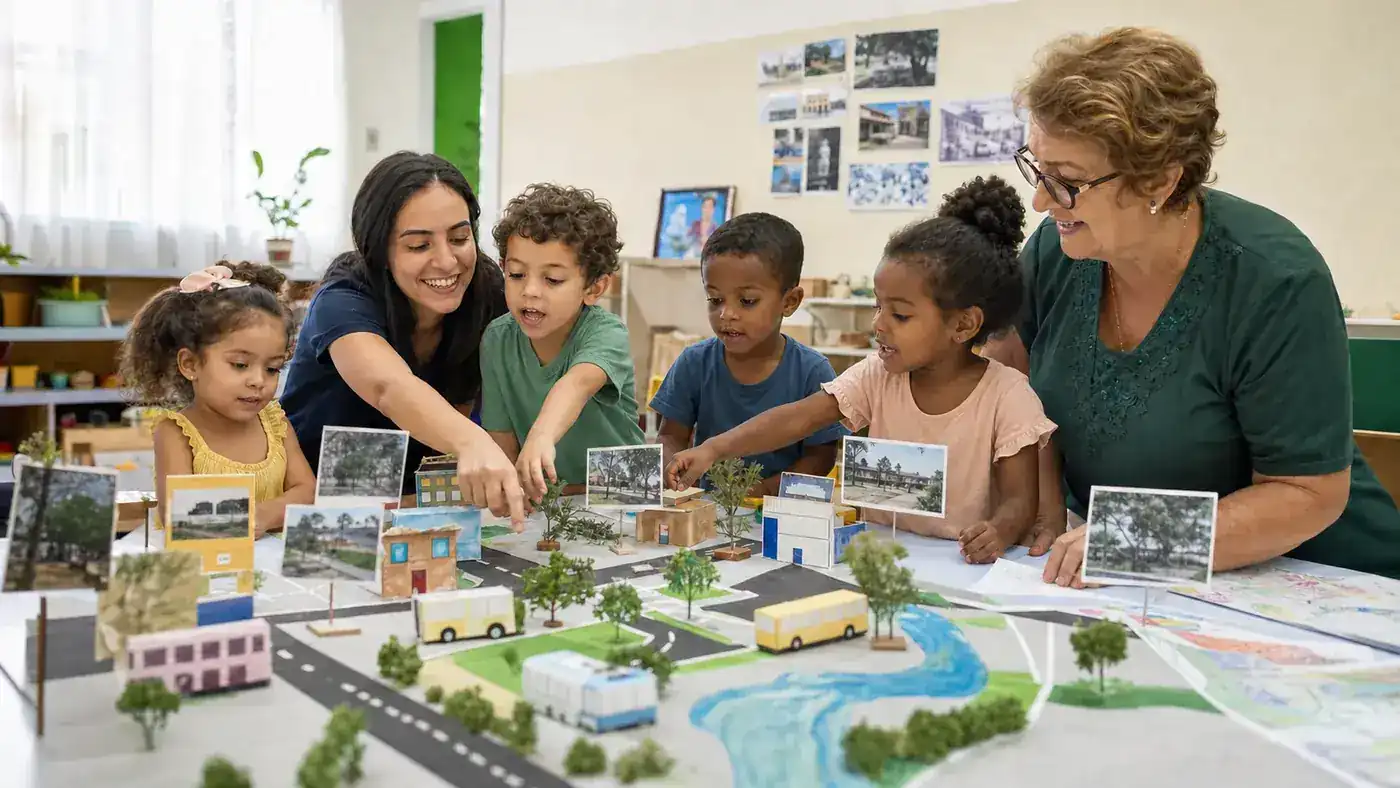 Crianças e professoras construindo uma maquete coletiva sobre a cidade na Educação Infantil