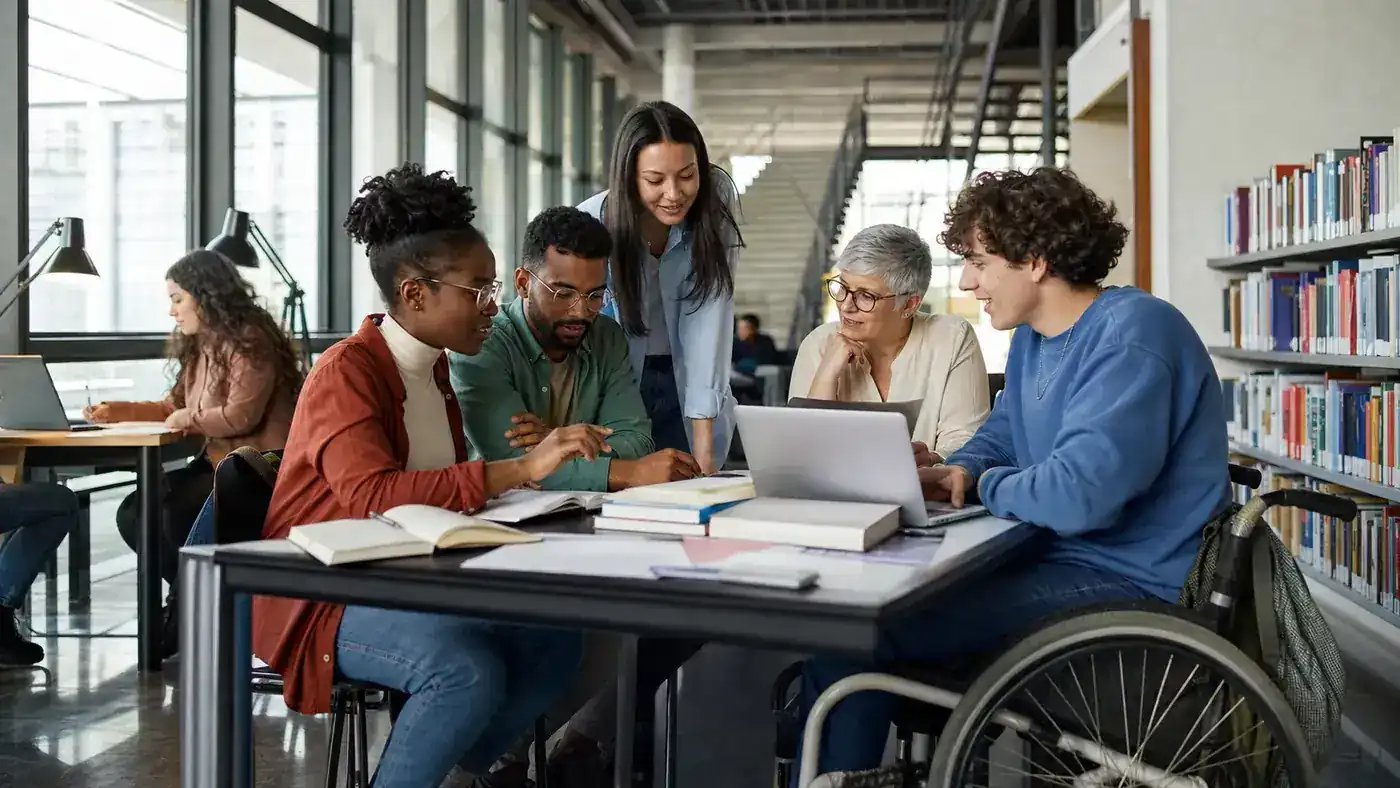 Estudantes universitários brasileiros de diferentes idades estudam juntos em biblioteca acessível