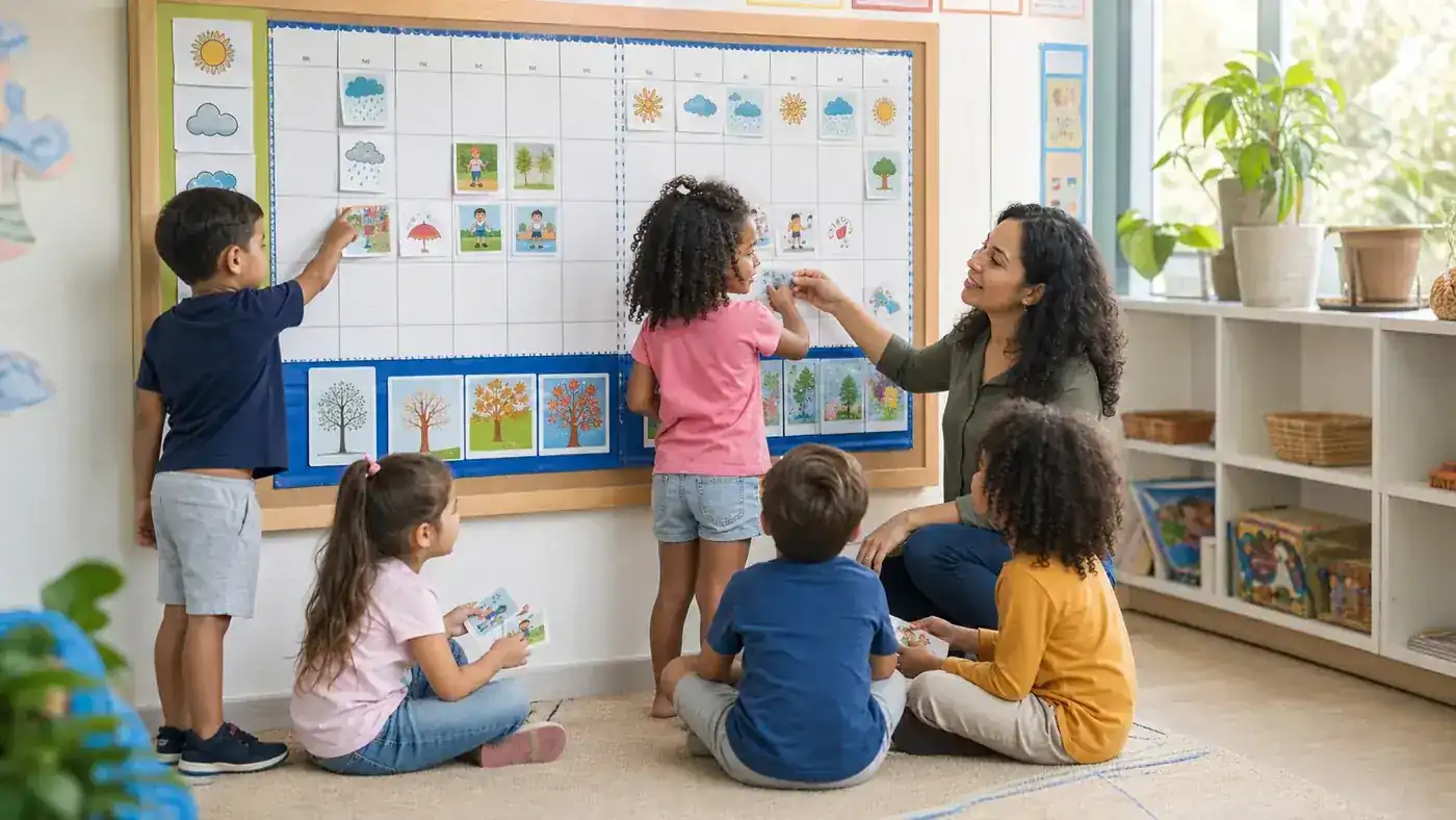 Professora e crianças organizam calendário visual participativo com cartões de clima e atividades