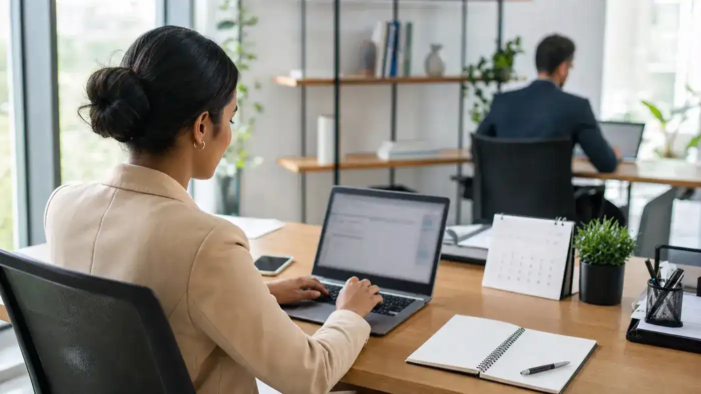 Profissional redige um e-mail de acompanhamento em escritório organizado