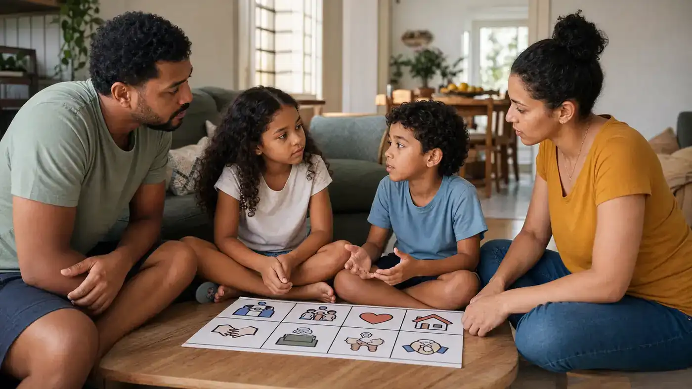 Família conversa com crianças e constrói combinados de convivência