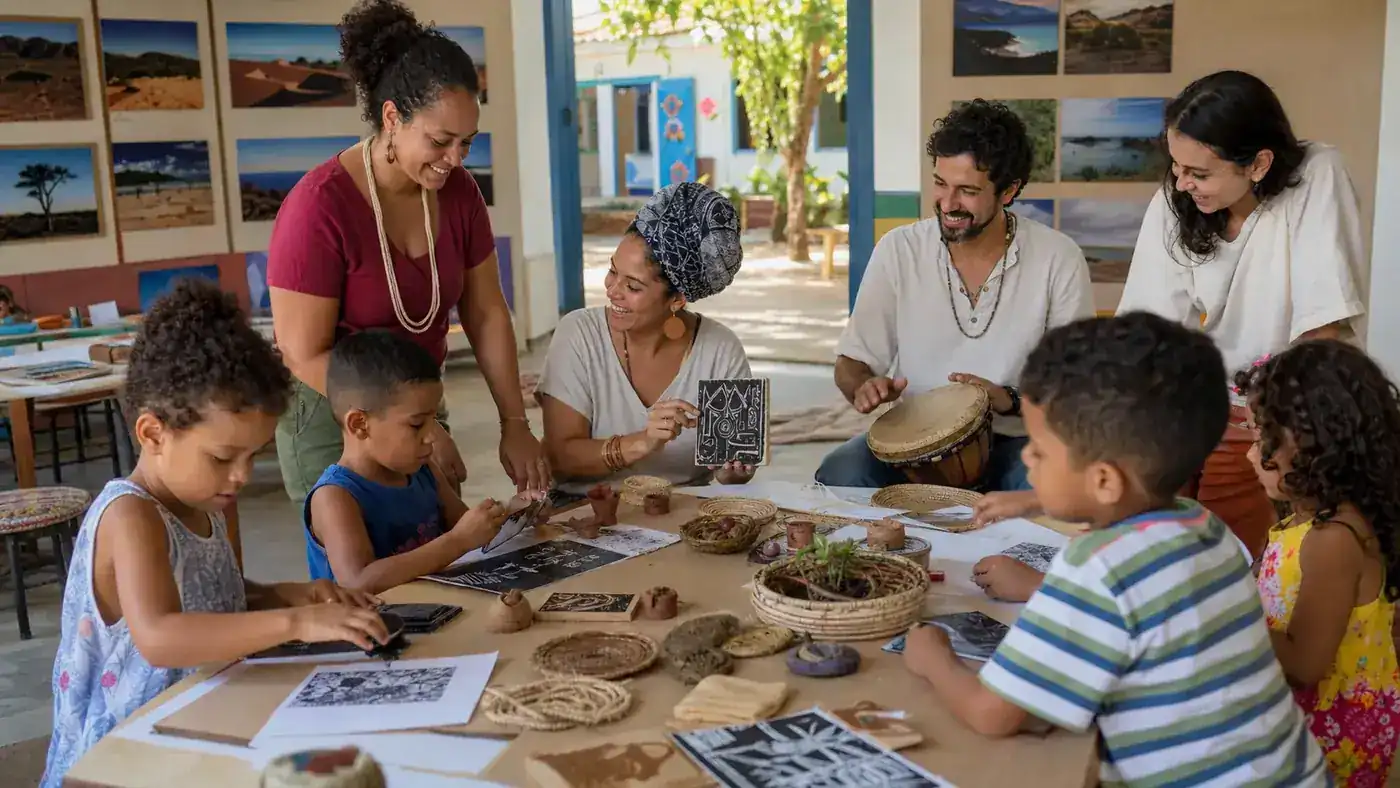 Crianças pesquisam artes, música e materiais de diferentes culturas nordestinas com educadores