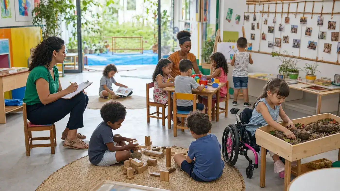 Professora observa e registra brincadeiras de uma turma diversa da Educação Infantil