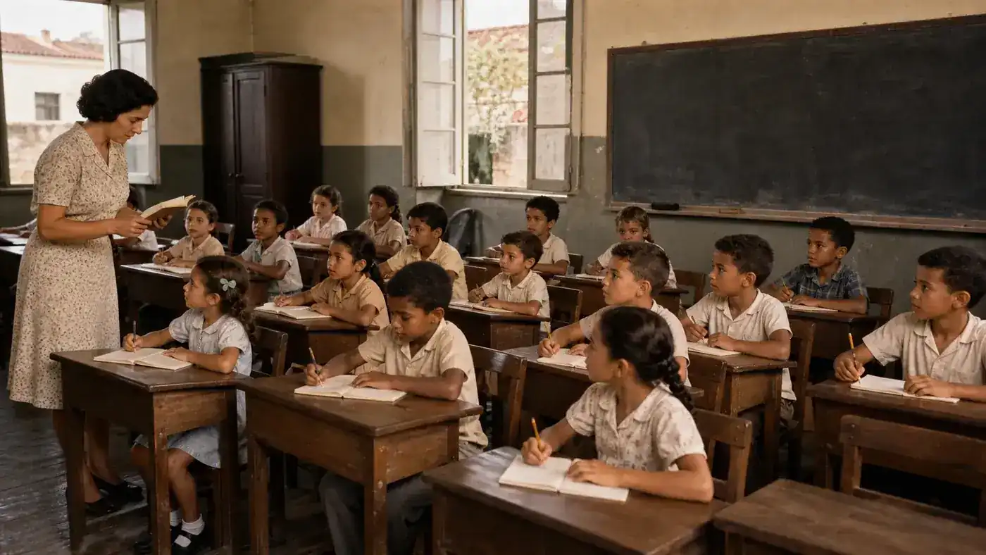 Professora e crianças em sala de aula brasileira representada como nos anos 1950