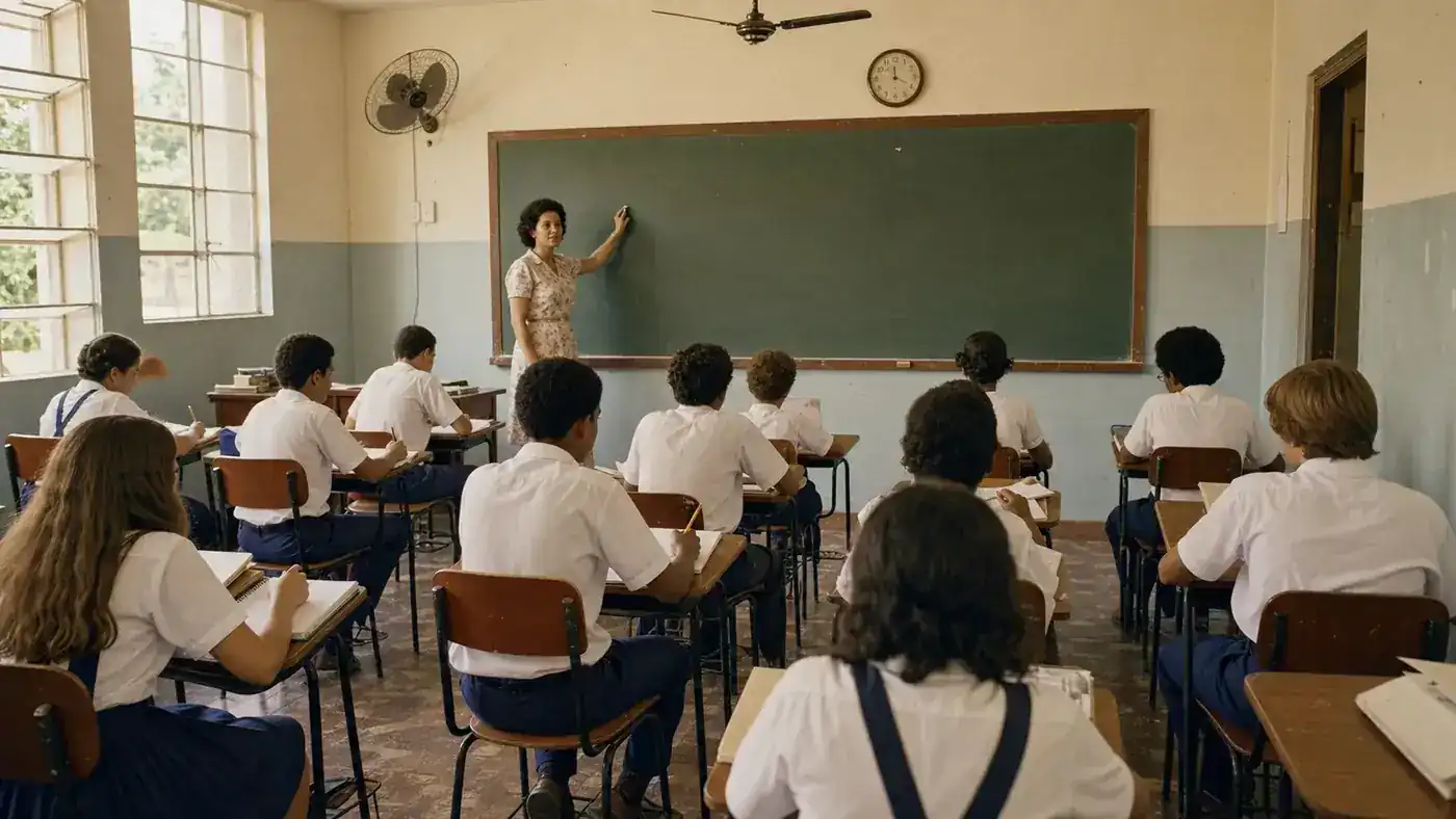 Reconstituição histórica realista de uma sala de aula de escola pública brasileira em 1975