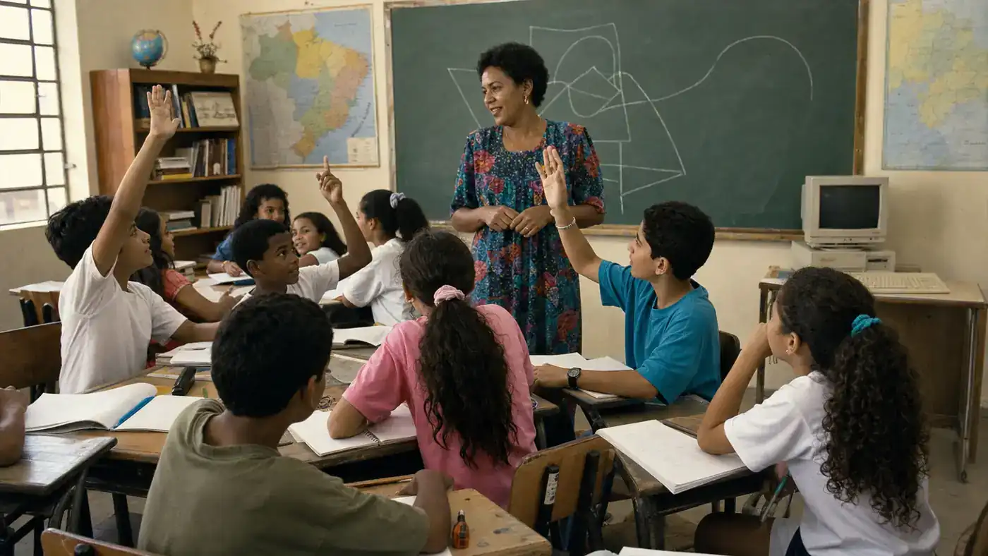 Sala de aula brasileira dos anos 1990 com professora, estudantes e computador da época