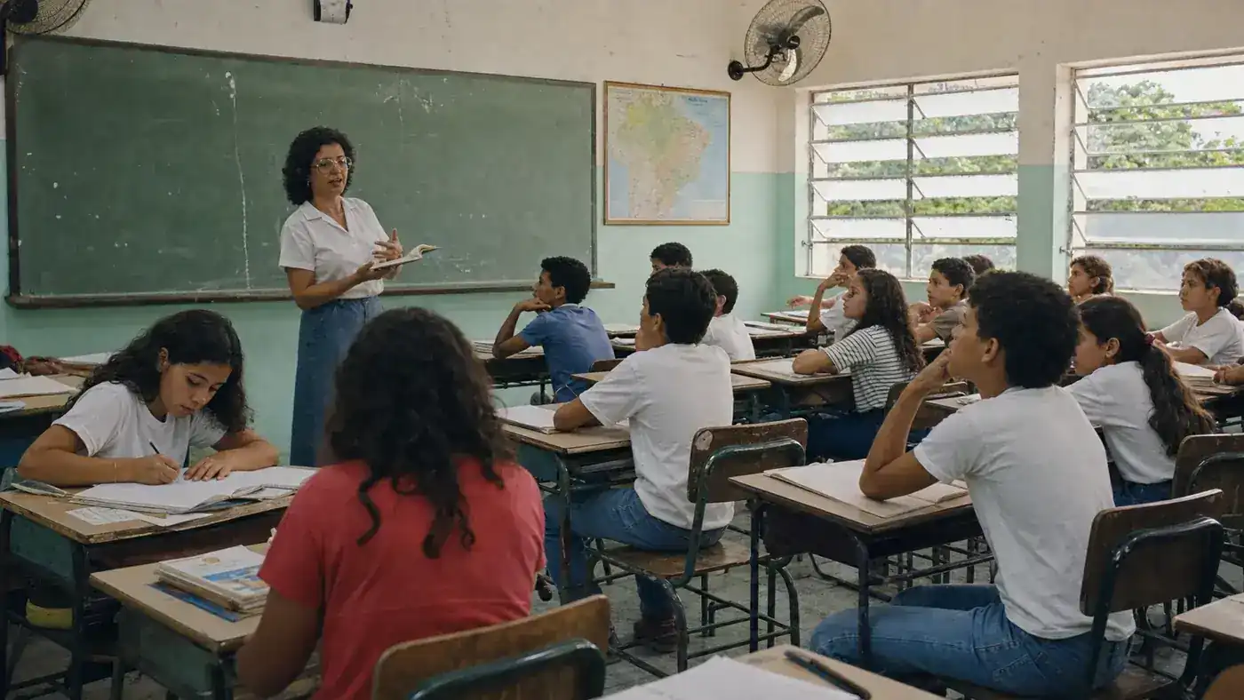 Reconstrução histórica de uma sala de aula de escola pública brasileira em meados dos anos 1980