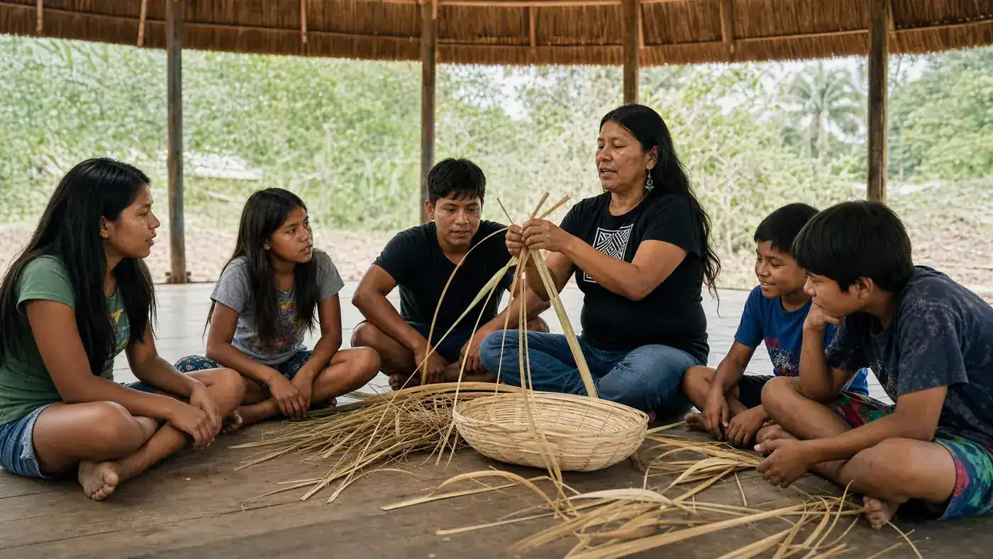 Educadora indígena compartilha saber de trançado com jovens em espaço comunitário contemporâneo