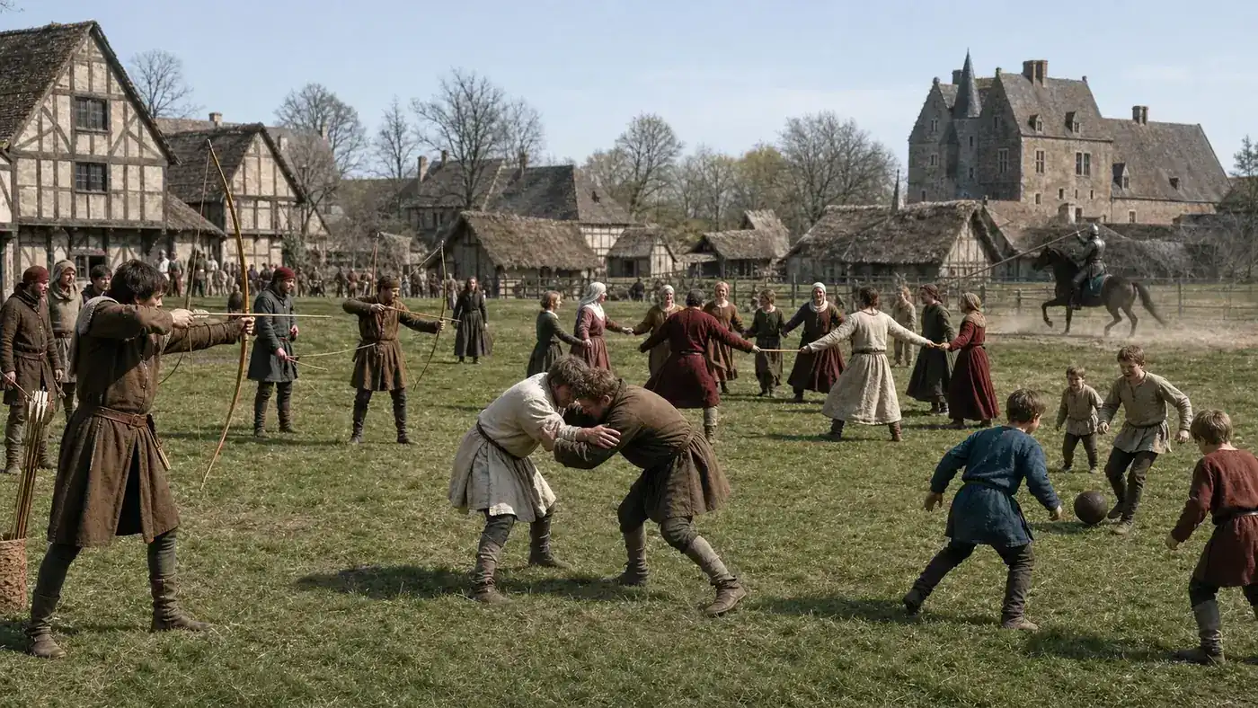 Reconstituição histórica realista de jogos, arco e flecha, luta e dança em uma comunidade europeia medieval