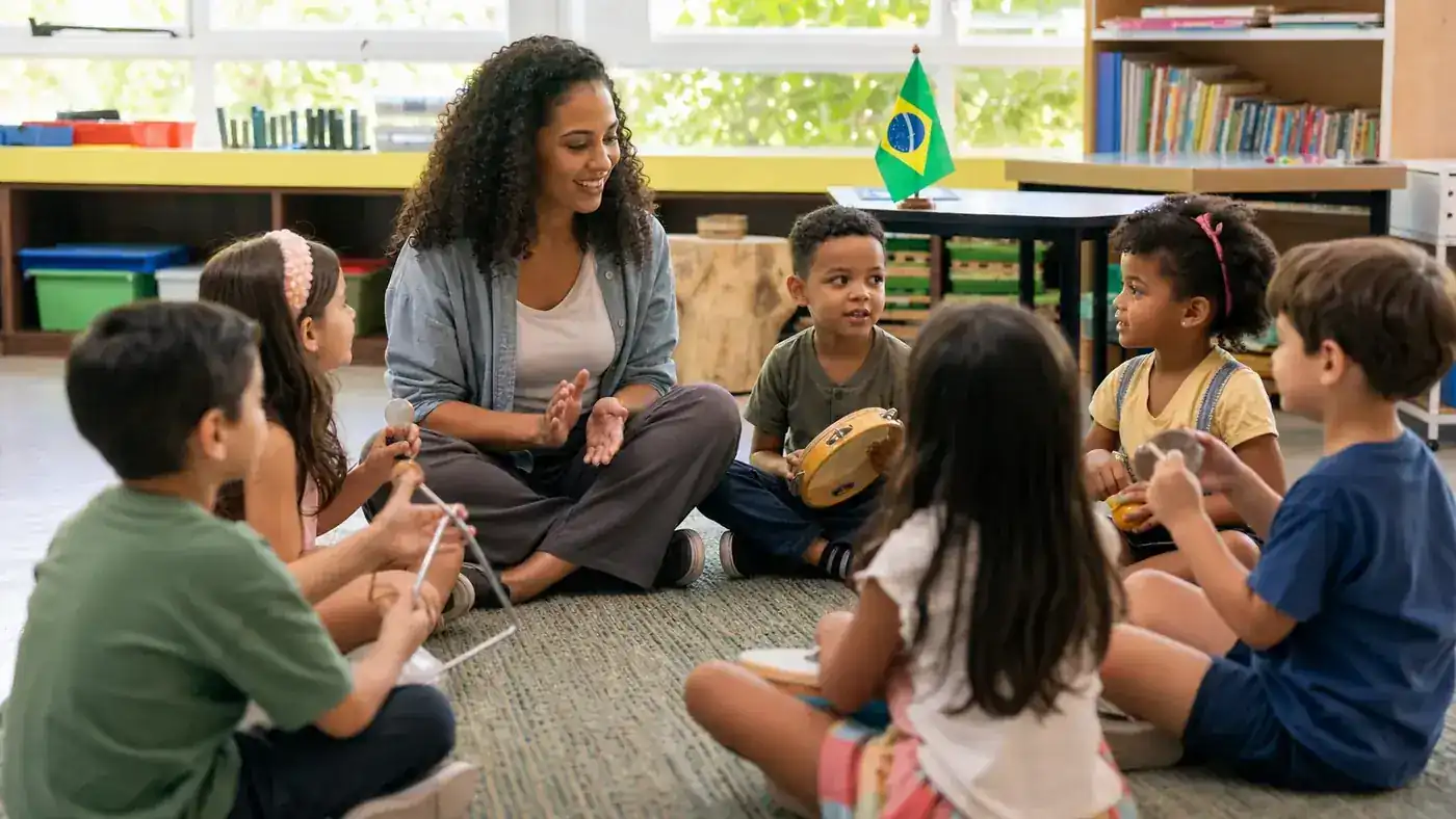 Professora e crianças exploram ritmo e escuta musical com pequena bandeira do Brasil ao fundo