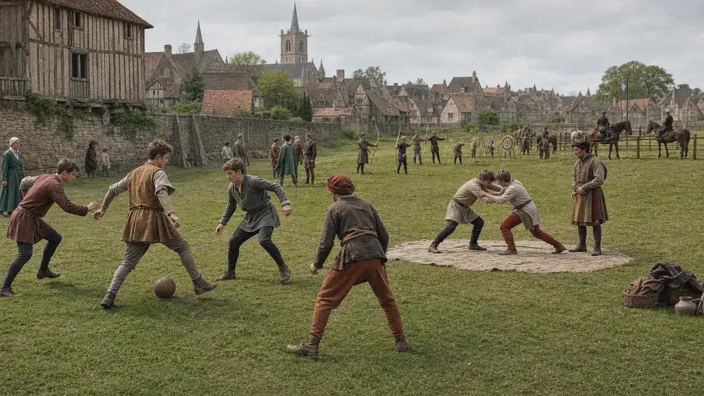 Reconstituição histórica de jogos, luta e arco e flecha em uma comunidade medieval europeia