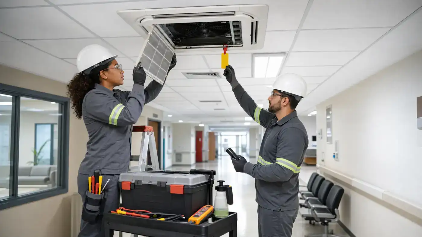 Técnicos realizam manutenção segura em sistema de climatização de edifício