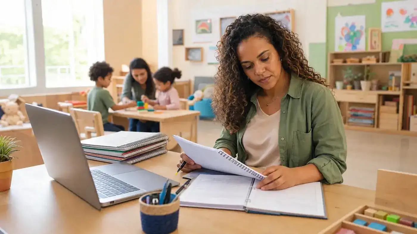 Professora brasileira revisando registros pedagógicos para elaborar relatório individual na Educação Infantil