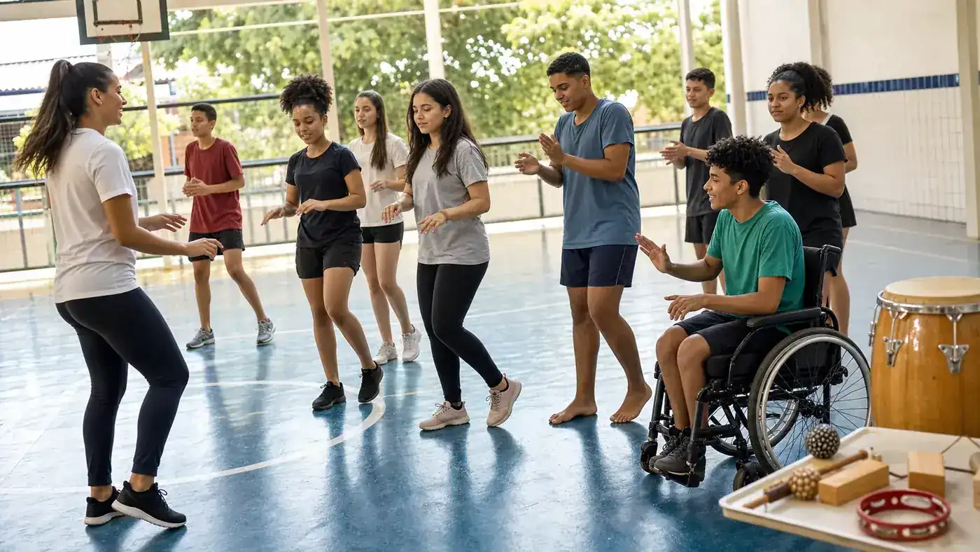 Estudantes exploram ritmo com movimento e percussão corporal em aula inclusiva de Educação Física