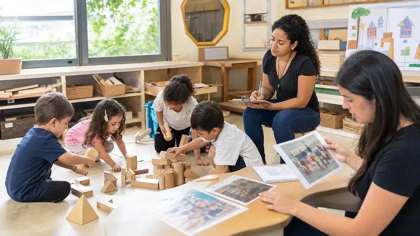 Educadoras observam e documentam crianças construindo e brincando com blocos