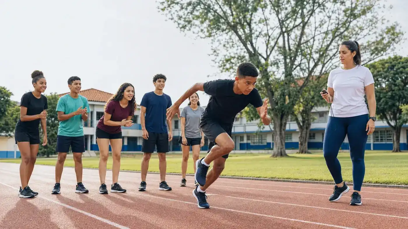 Professor de Educação Física acompanha adolescentes em atividade segura de corrida de velocidade na escola