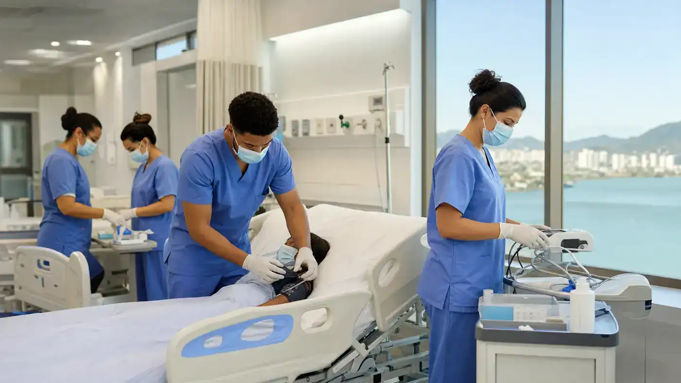 Técnicos de enfermagem trabalham em equipe em hospital da região de Vitória