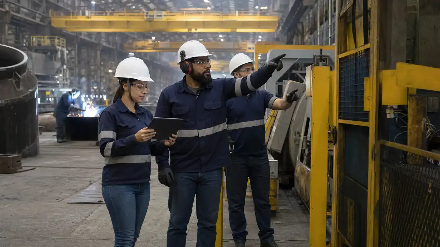 Técnicos de segurança inspecionam máquinas em indústria metalúrgica