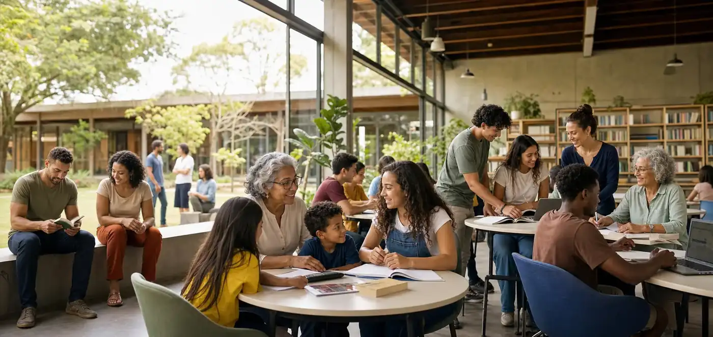 Comunidade educacional brasileira com estudantes, professores e profissionais em ambiente feliz e institucional