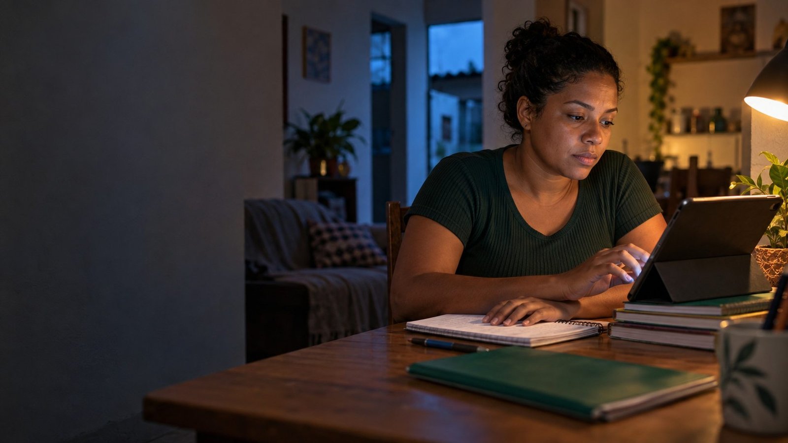 Candidata estudando em casa à noite para o concurso de Queimados
