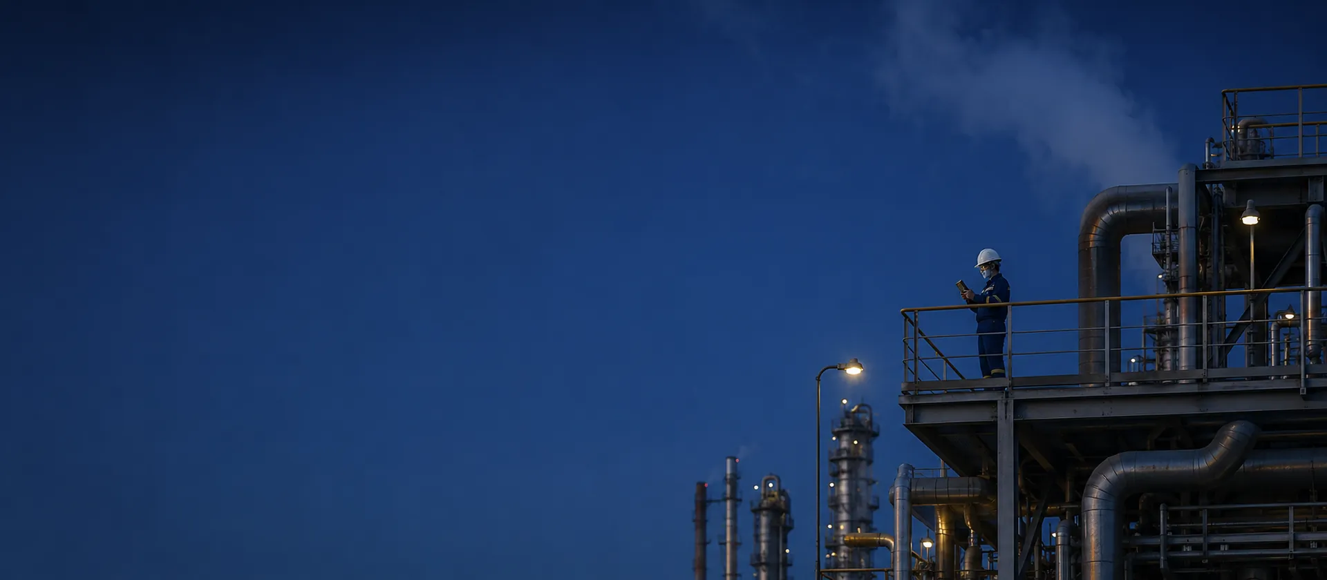 Planta industrial ao entardecer com profissional realizando leitura de instrumento
