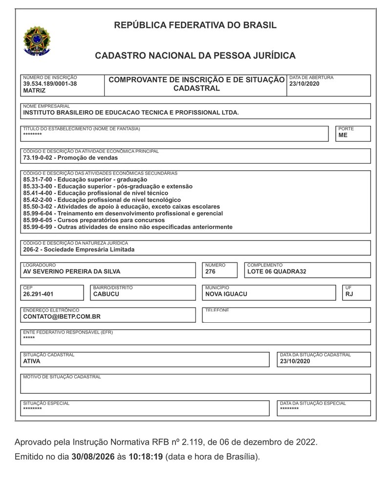 Cartão CNPJ do Instituto Brasileiro de Educação Técnica e Profissional LTDA, CNPJ 39.534.189/0001-38, situação cadastral ativa