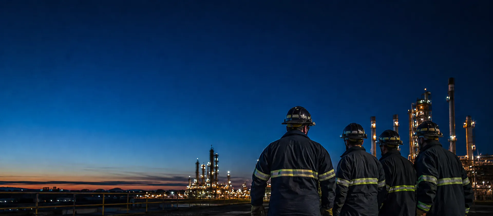 Equipe de brigada de incêndio observando planta industrial ao entardecer