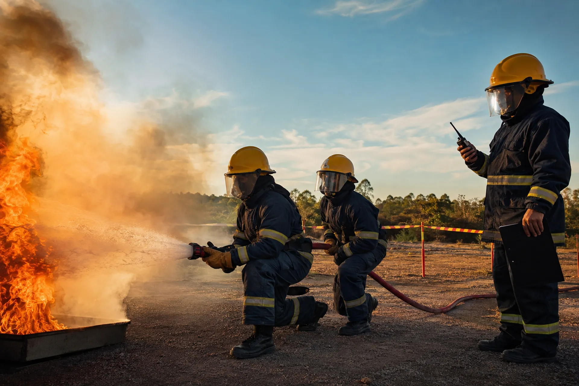 Treinamento de brigada de incêndio com linha de mangueira e esguicho em jato neblina
