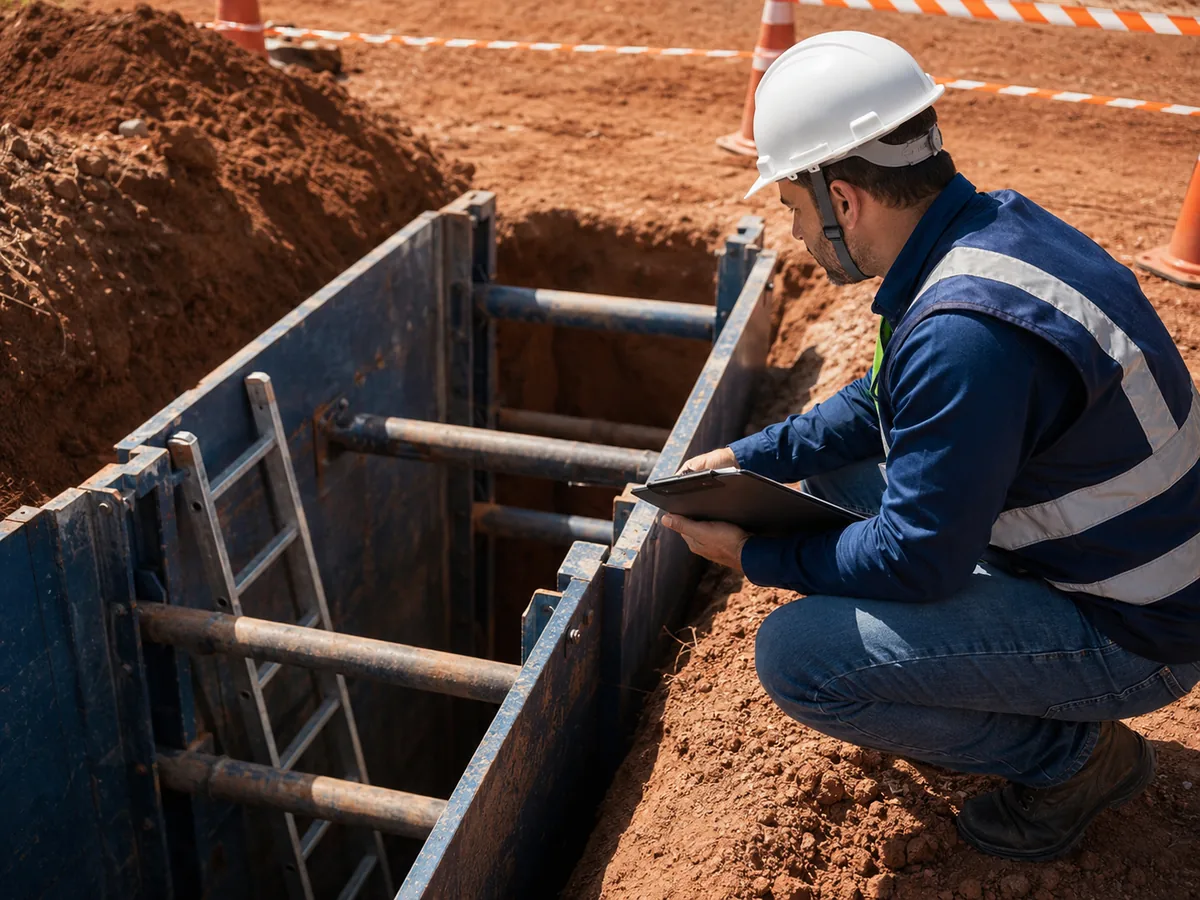 Técnico de segurança do trabalho analisando escoramento de vala em obra