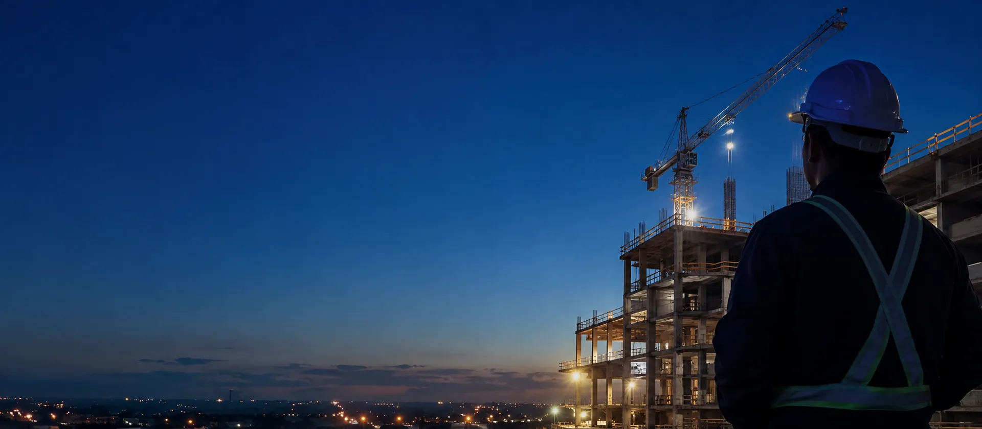 Canteiro de obras iluminado ao entardecer com técnico de segurança do trabalho em primeiro plano
