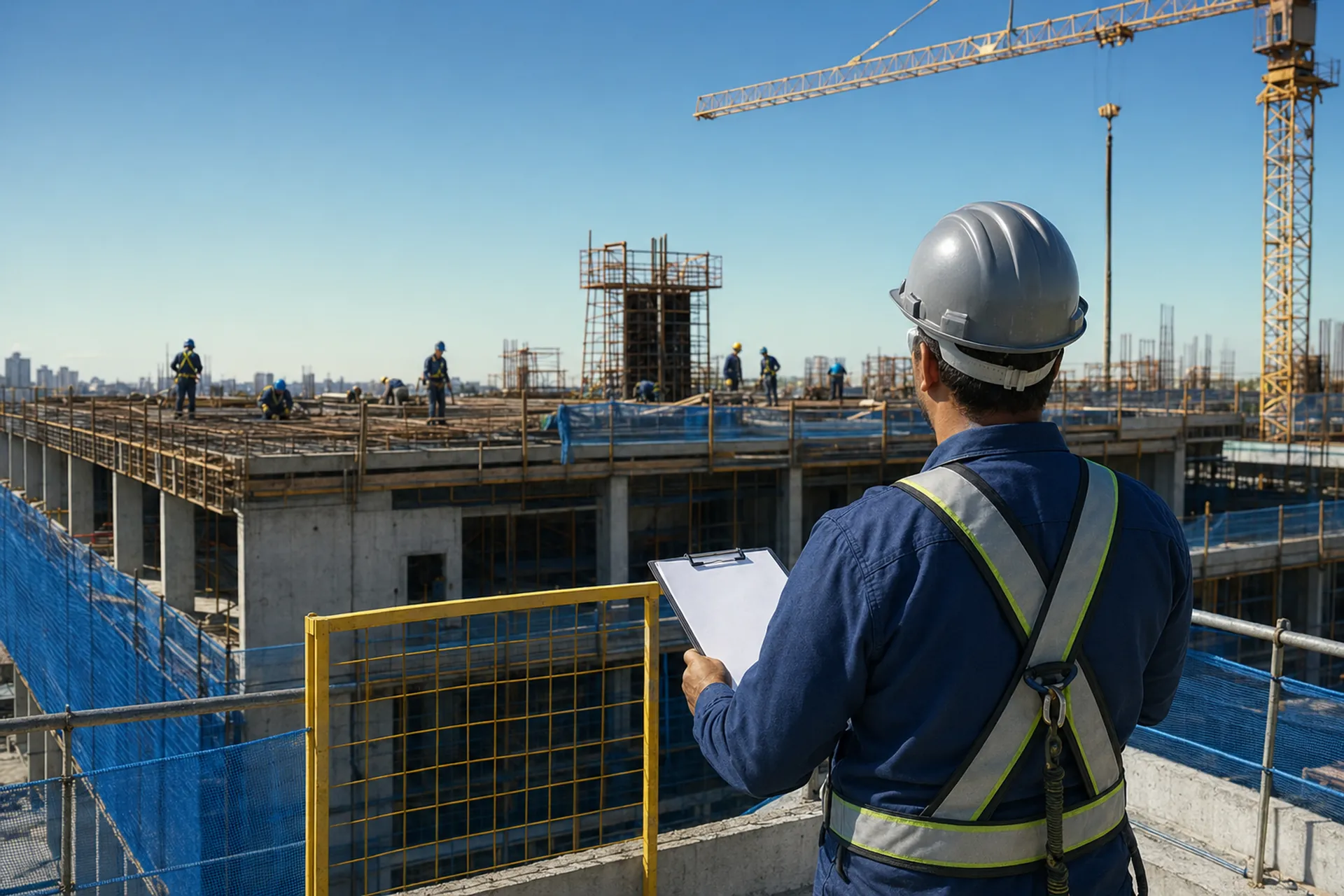 Canteiro de obras com plataforma de proteção e guarda-corpos, técnico de segurança do trabalho observando