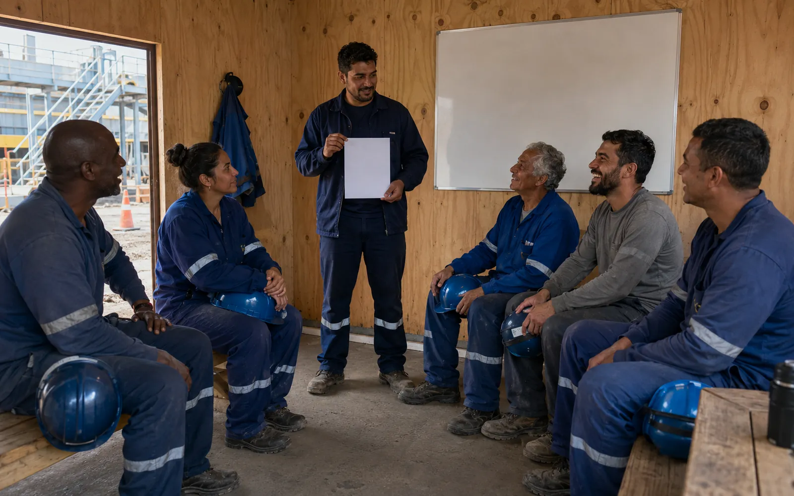 Técnico de segurança do trabalho apresentando ordem de serviço para equipe em barracão de obra