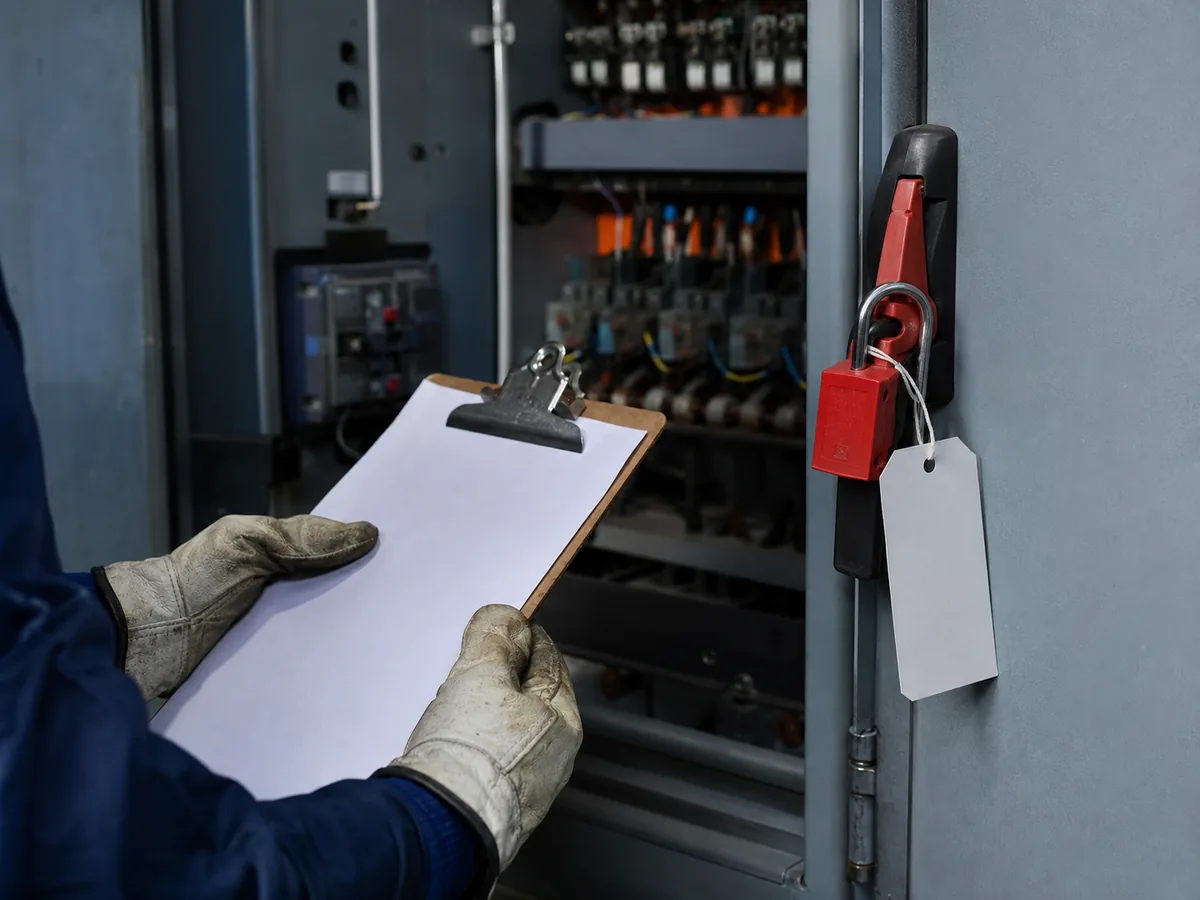 Inspeção de quadro elétrico com bloqueio e etiquetagem instalados, checklist em mãos