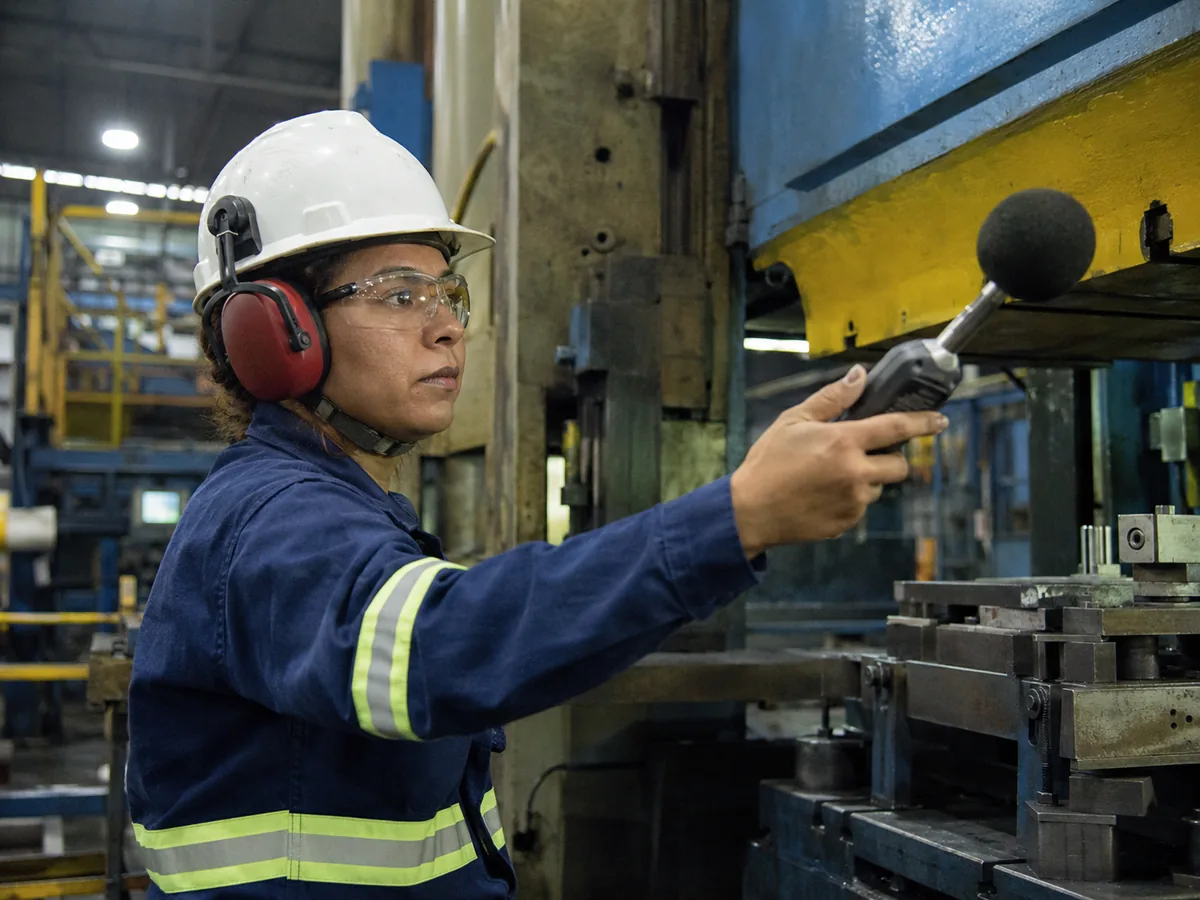 Técnica de segurança do trabalho medindo nível de ruído com decibelímetro junto a prensa industrial