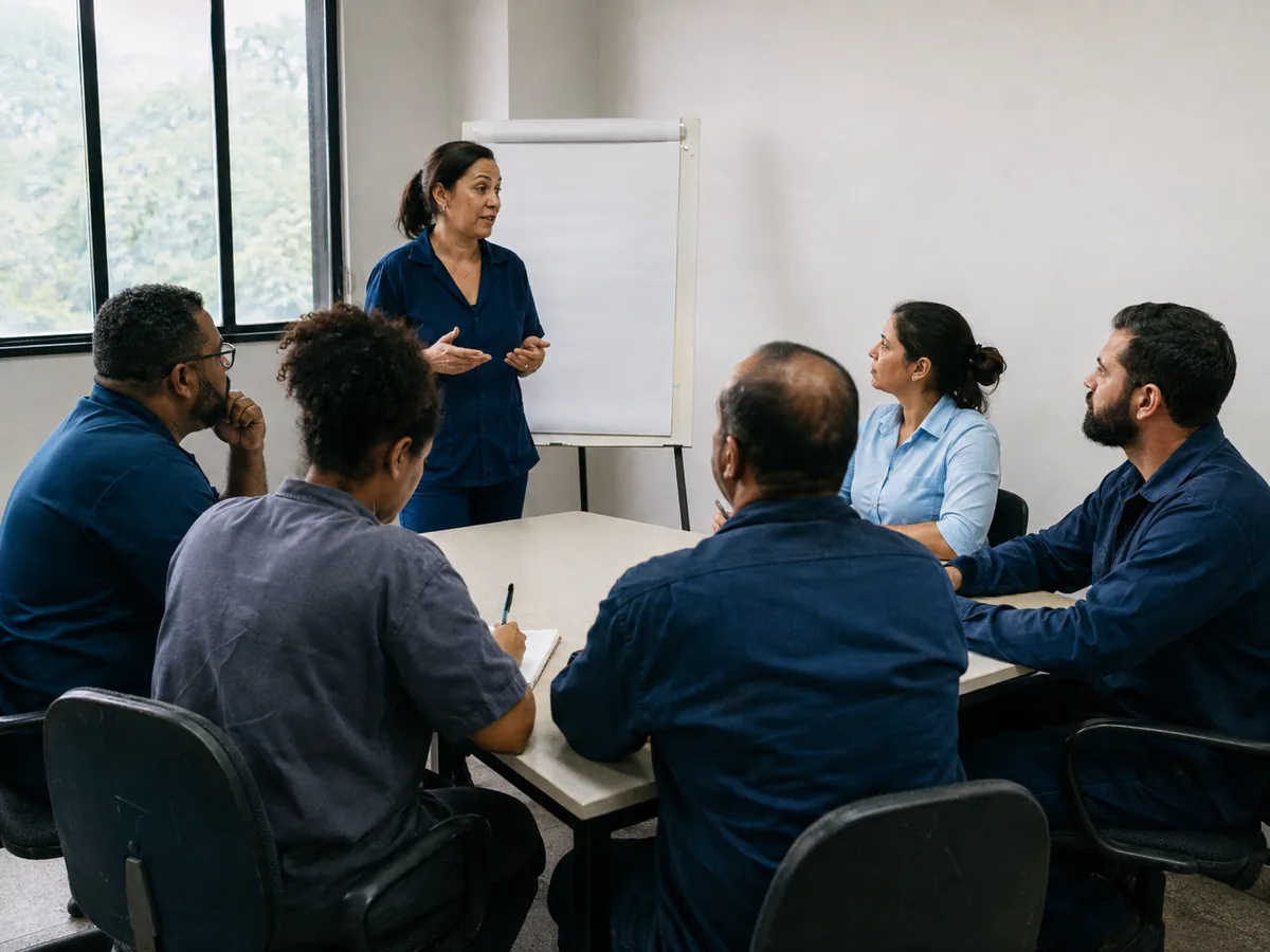 Reunião de CIPA com trabalhadores e técnica de segurança do trabalho apresentando