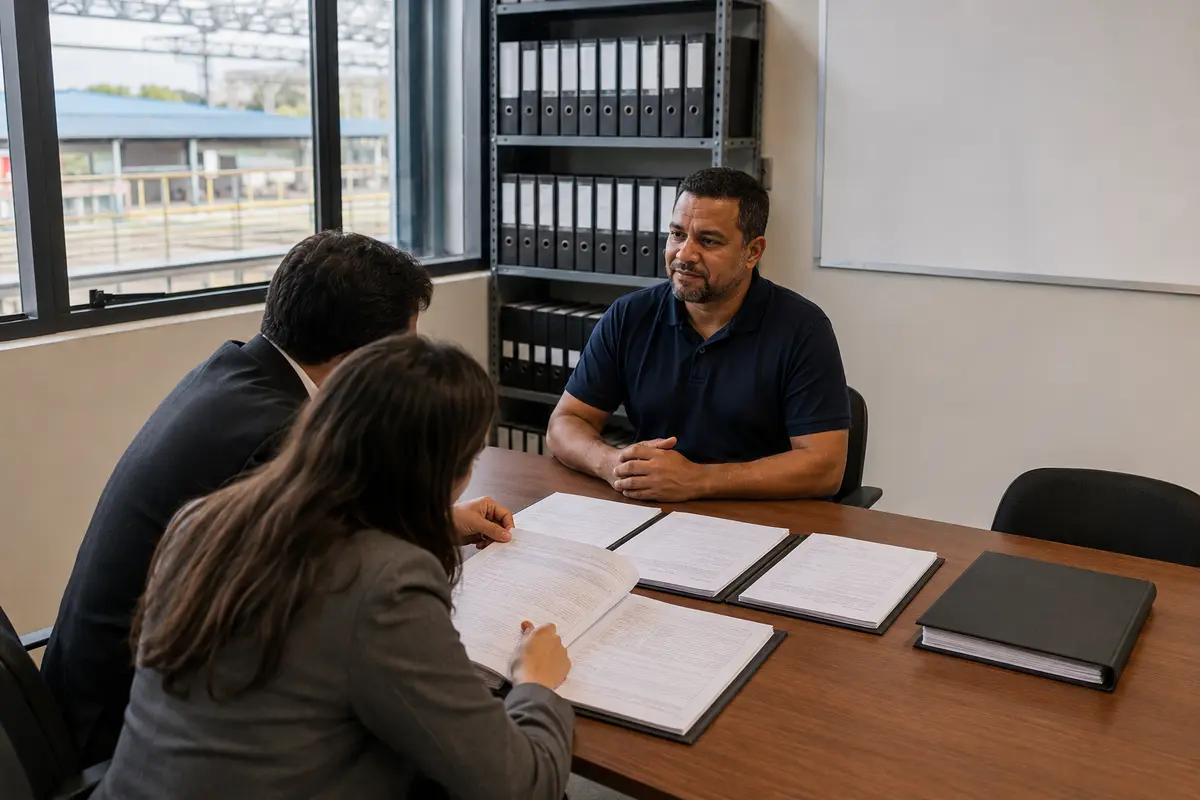 Técnico de segurança do trabalho apresentando documentação organizada durante auditoria na empresa