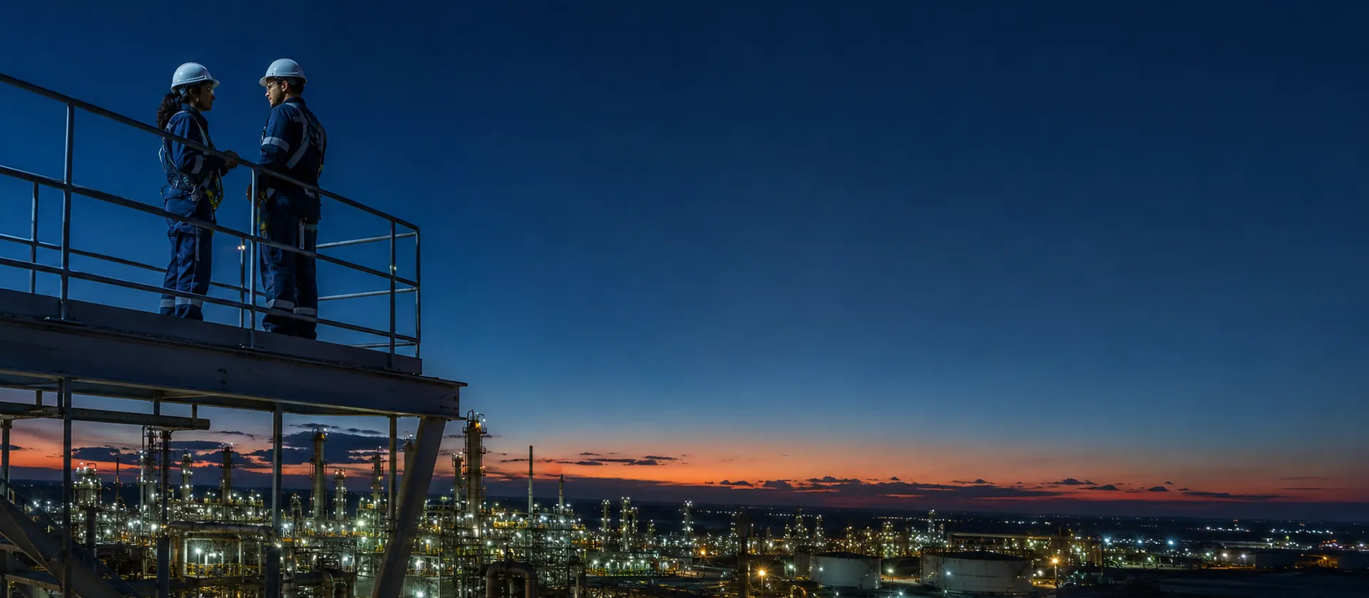 Técnicos de segurança do trabalho em passarela industrial ao entardecer