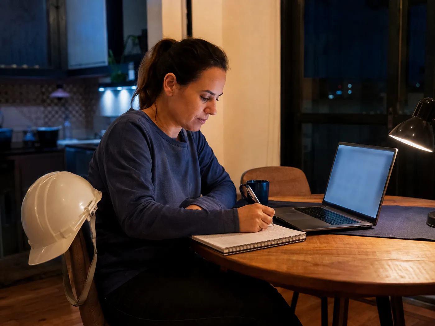 Estudante do curso técnico em segurança do trabalho EAD estudando à noite em casa após o turno