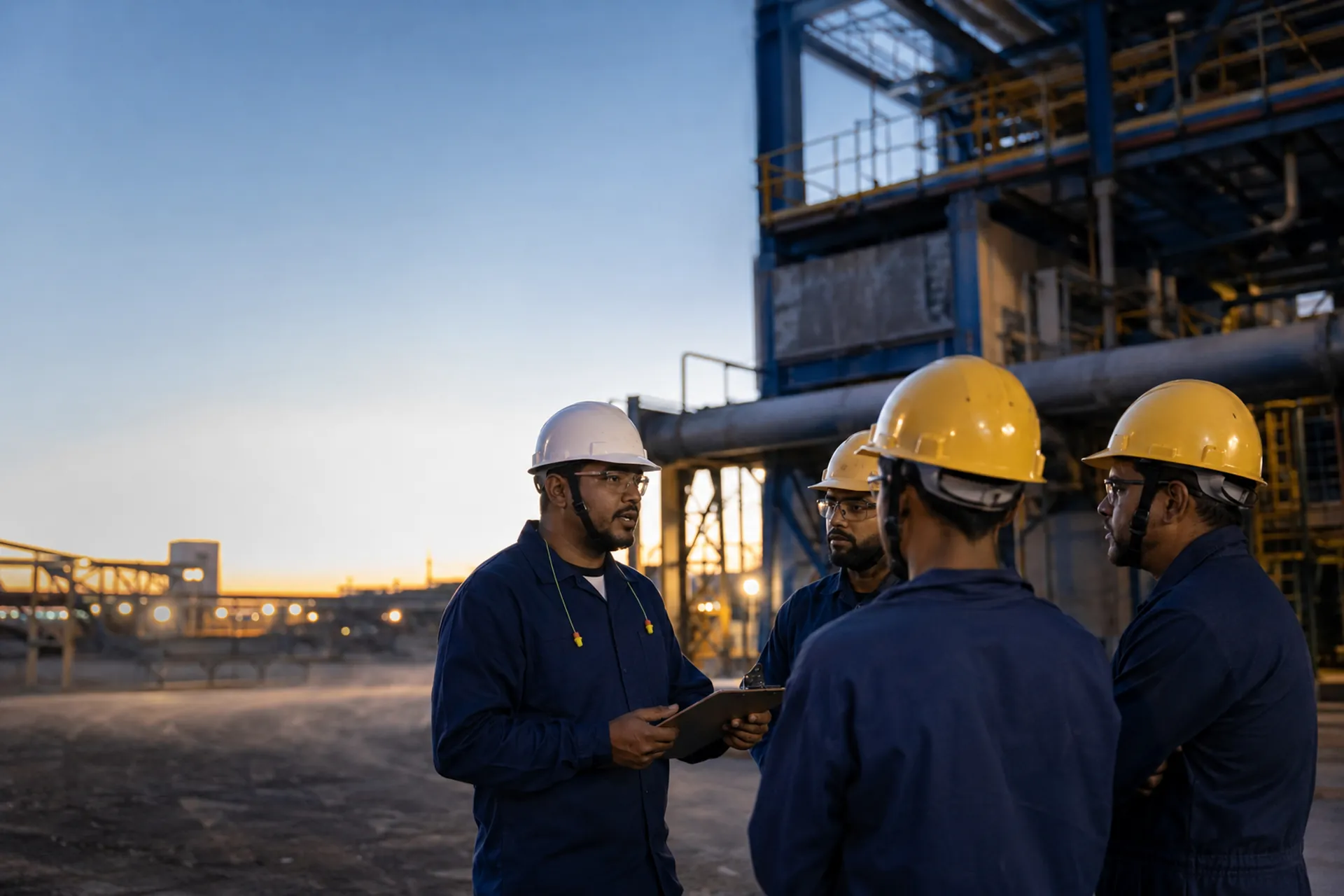 Técnico de segurança do trabalho conduzindo Diálogo Diário de Segurança com operários no início do turno