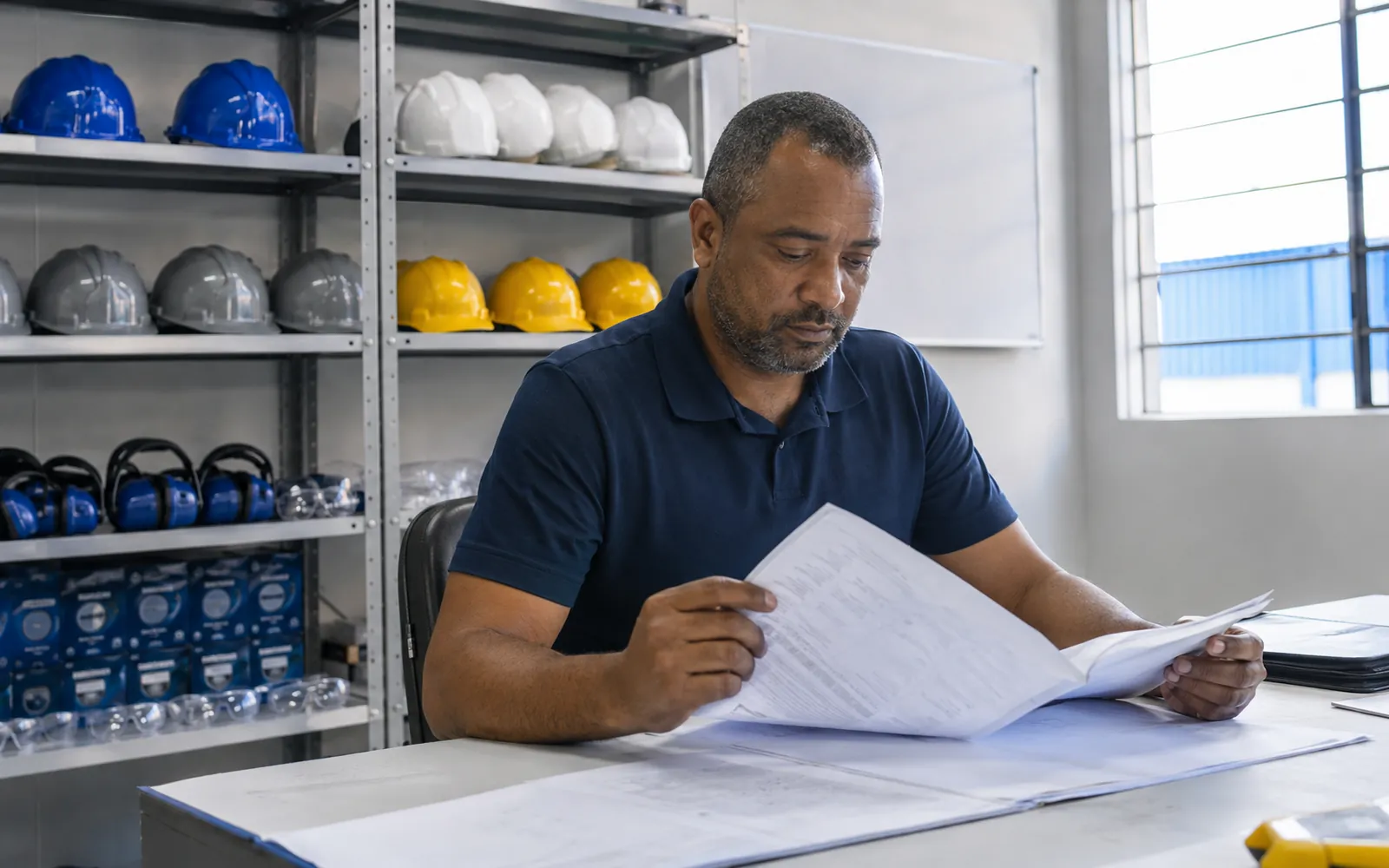 Técnico de segurança do trabalho revisando documentação na sala do SESMT