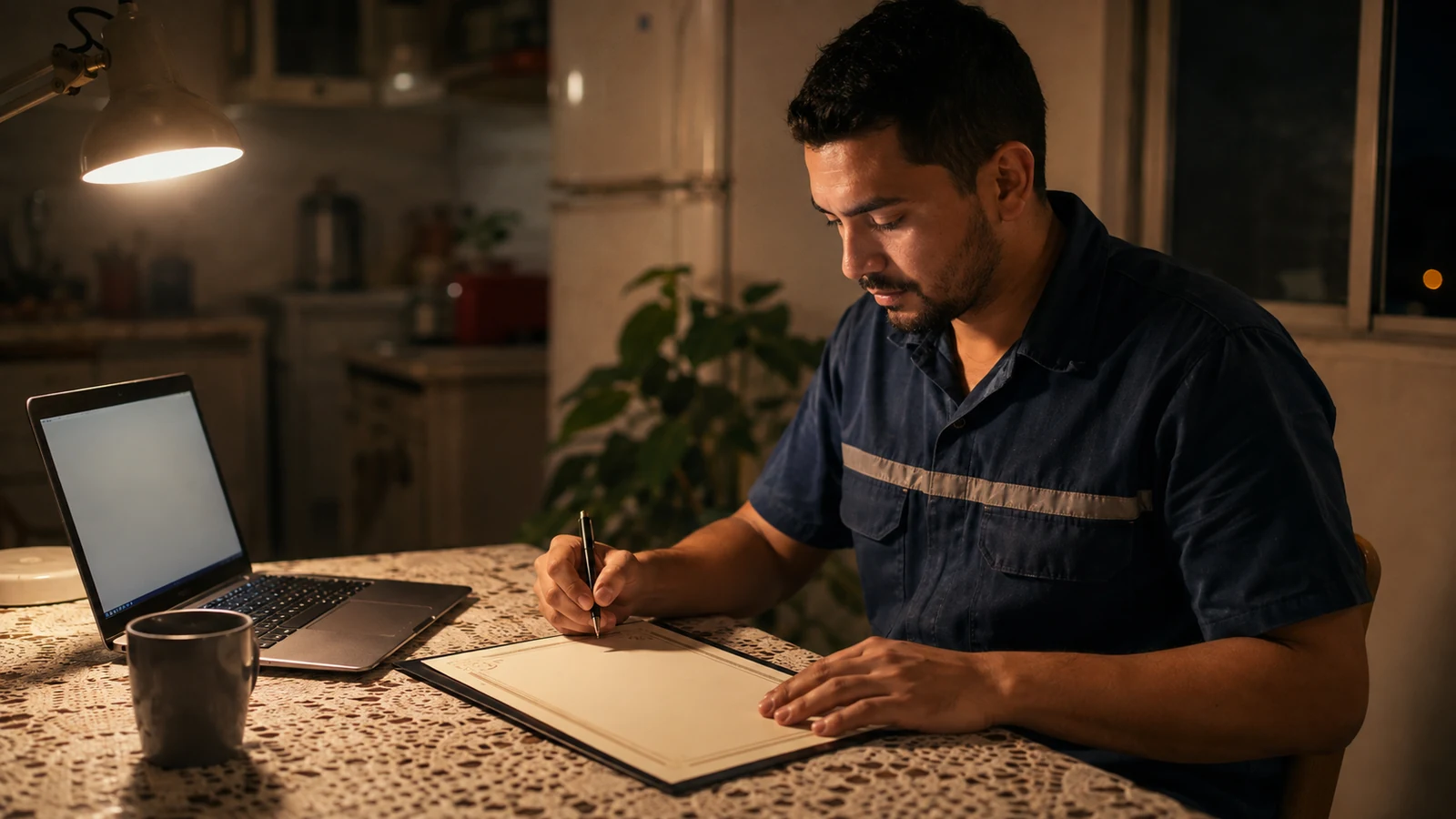 Homem em camisa de técnico estuda à noite na cozinha, com o notebook aberto ao lado do diploma técnico impresso