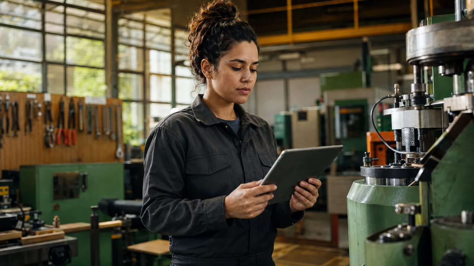 Técnica de manutenção industrial com tablet em pé numa oficina iluminada por janelas de fábrica
