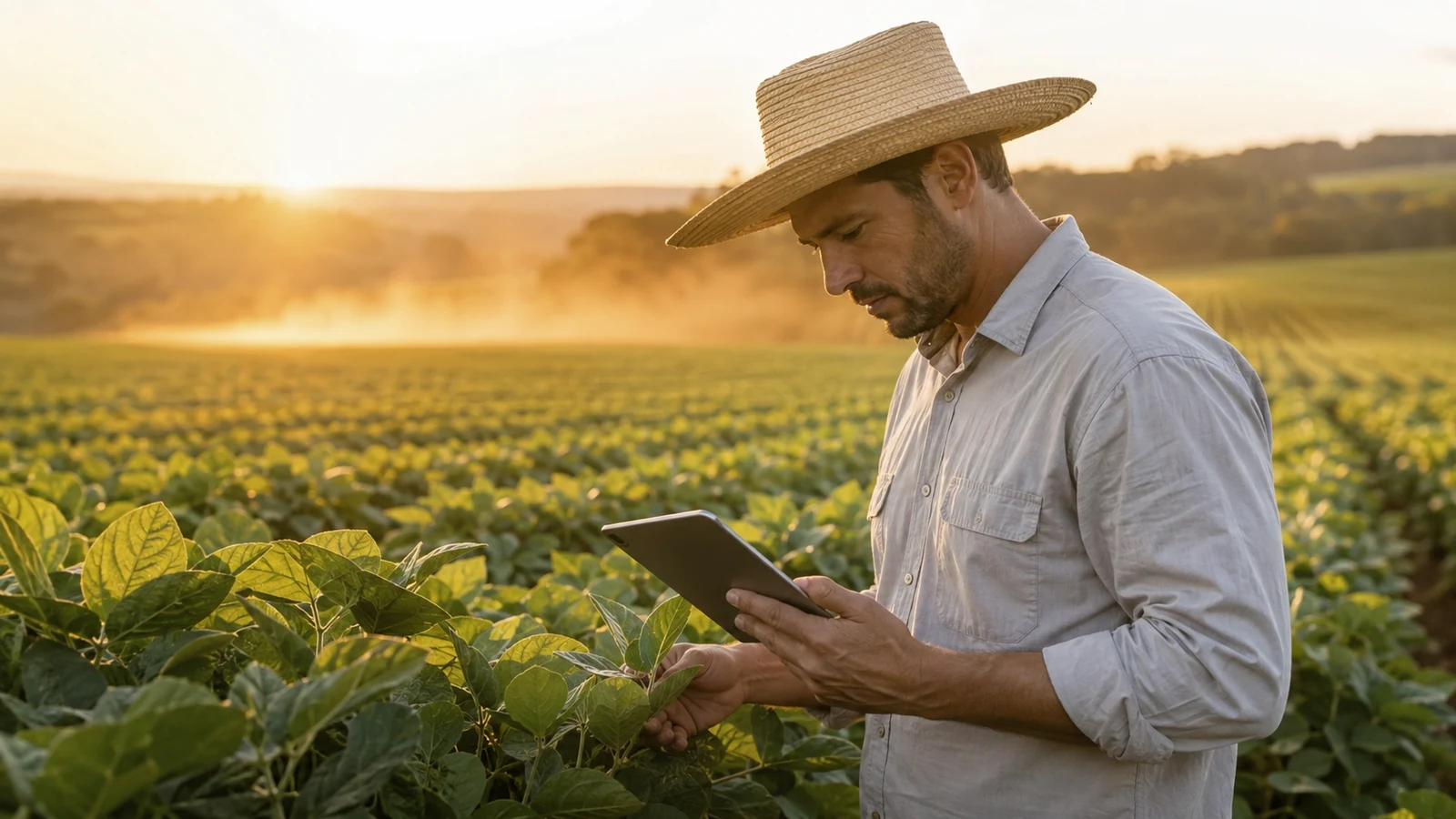 Técnico agrícola de chapéu de palha inspeciona a lavoura com um tablet no fim da tarde