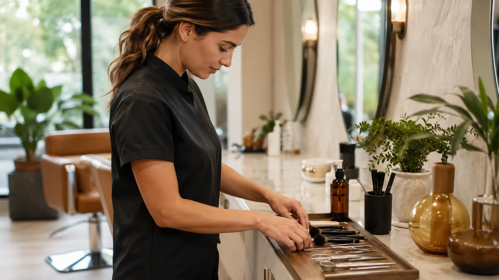 Profissional de estética organiza os instrumentos numa estação de trabalho de salão