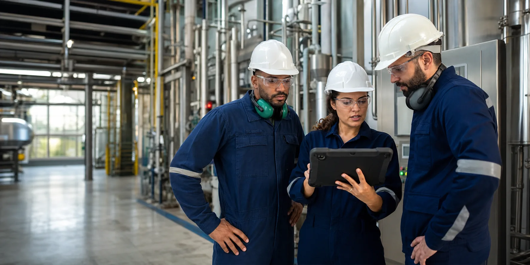 Profissionais técnicos atuando em ambiente industrial
