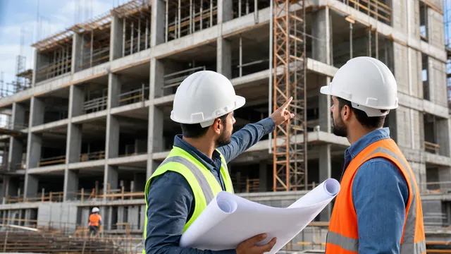 Técnicos analisando uma obra de edificação